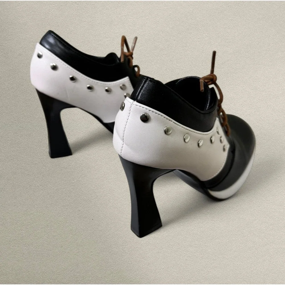 Japanese Style Platform Oxford Heels Stud‎ Detail Lace Up Mod Black White Size 6
